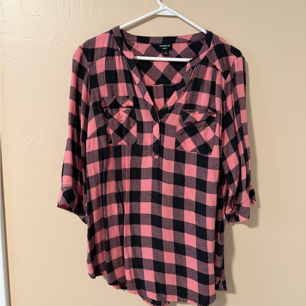 Torrid Women's Pink and Black Checkered Button Down Shirt